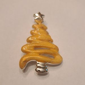 Vintage Enamel Yellow Sparkle Ribbon Chrostmas Tree Brooch Pin
